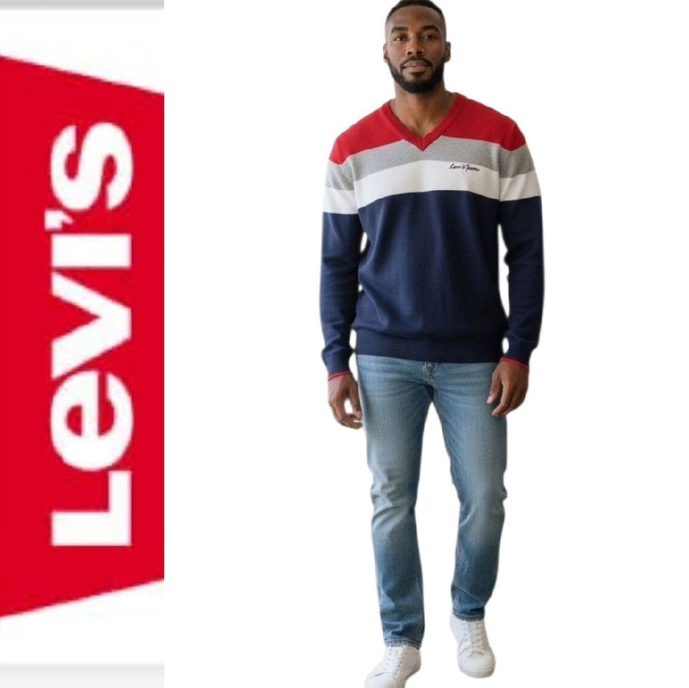 Levi's Men's V-neck Red White and Blue Stripe Sweater. XXL.